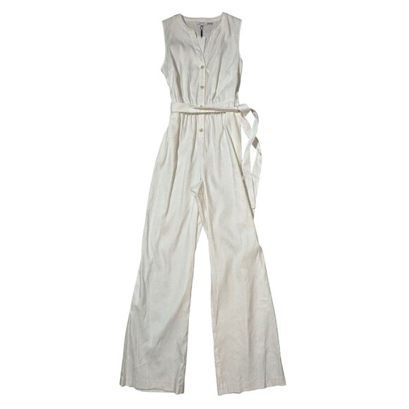 Womens SZ 10 Sleeveless White Linen Blend Belted Jumpsuit Button Front - Picture 2 of 9